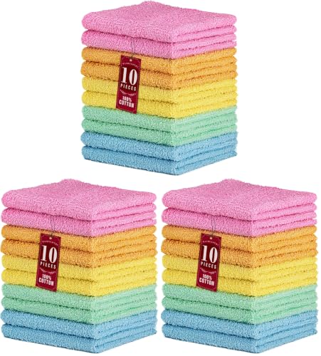 Image of DecorRack 30 Pack 100% Cotton Wash Cloth, Luxurious Soft, 12 x 12 inch Ultra Absorbent, Machine Washable Washcloths, Assorted Colors (30 Pack)