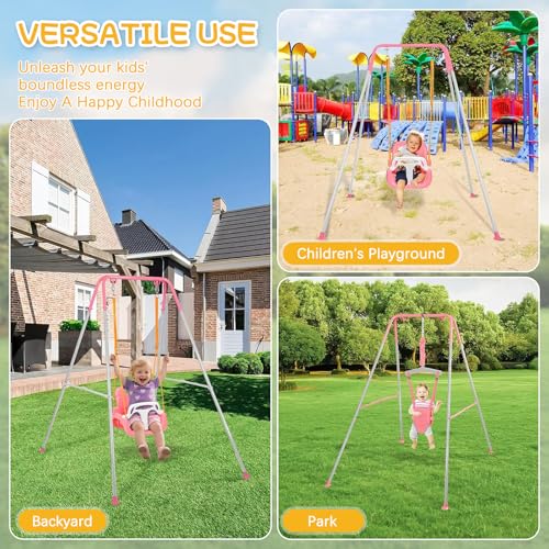 LIODUX 4-in-1 Baby Swing Set and Jumper, Heavy Duty Kids Swing Stand, Foldable Metal Porch Swings Stand, Maximum Weight 90KG, Easy to Assemble, Kids Bouncer for Indoor & Outdoor Playground (Pink)