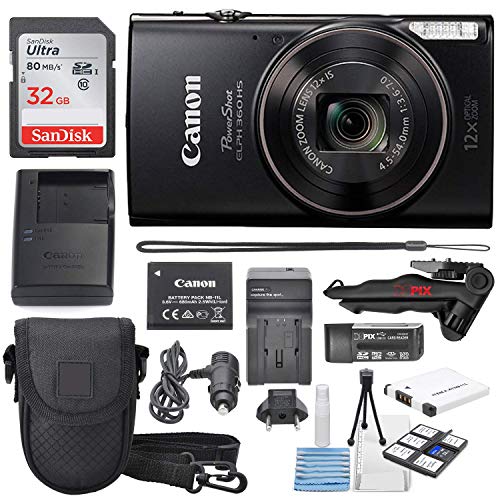 Canon PowerShot ELPH 360 HS(Black)with 12x Optical Zoom and Built-In Wi-Fi with Deluxe