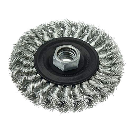Image of Weiler 13113 Dualife 5 /8 inch-11 Arbor, 0.014 inch Wire Size, 4 inch Diameter, 1 /2 inch Face Width, 302 Stainless Steel Bristles, Standard Twist Knot Wire Wheel Brush, 0.014 Wire Size / 5 /8 inch-11 UNC Arbor, Made in the USA