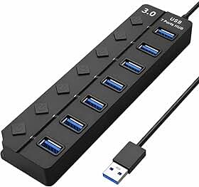 Hub USB 3.0 Com 7 Portas, Cabo USB Integrado, Botão Liga e Desliga Individual, LED de Sinalização, Conexão de Alta Velocidade (5Gbps), Compatível Com PC, Notebook, TV, Console, Tablet e Video Game