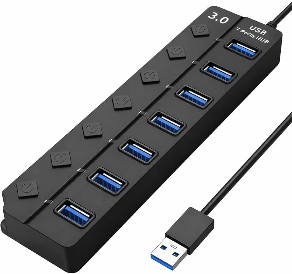 Hub USB 3.0 Com 7 Portas, Cabo USB Integrado, Botão Liga e Desliga Individual, LED de Sinalização, Conexão de Alta Velocidade (5Gbps), Compatível Com PC, Notebook, TV, Console, Tablet e Video Game