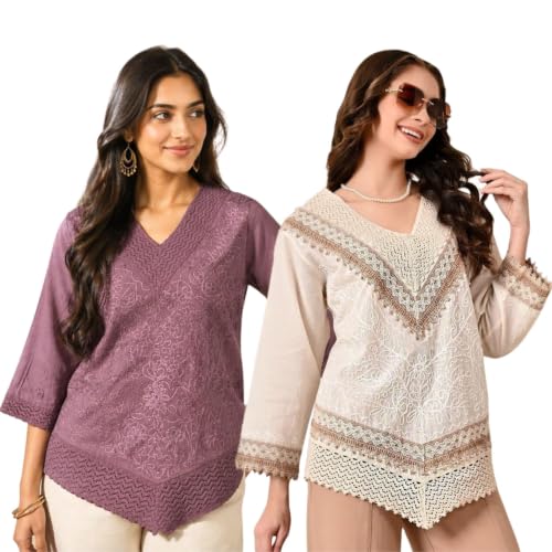 Image of Women's Cotton V Neck 3 /4 Sleeves Embroidered Tunic Short Kurta for Casual Wear Combo