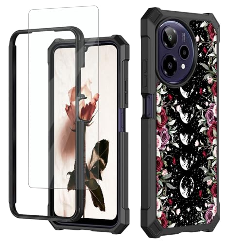 RAUEDWDJS for Cricket Icon Pro 2026 Phone Case with Tempered Glass Screen Protector,Full-Body Hard PC & Soft TPU Bumper Shockproof Protective Case-Galaxy Moon Flowers