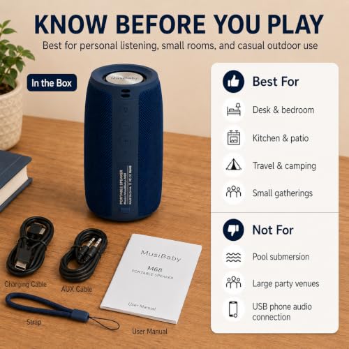 Image of Musibaby M68 Bluetooth Speaker, 12W, IPX5, 24H Playtime, Dark Blue