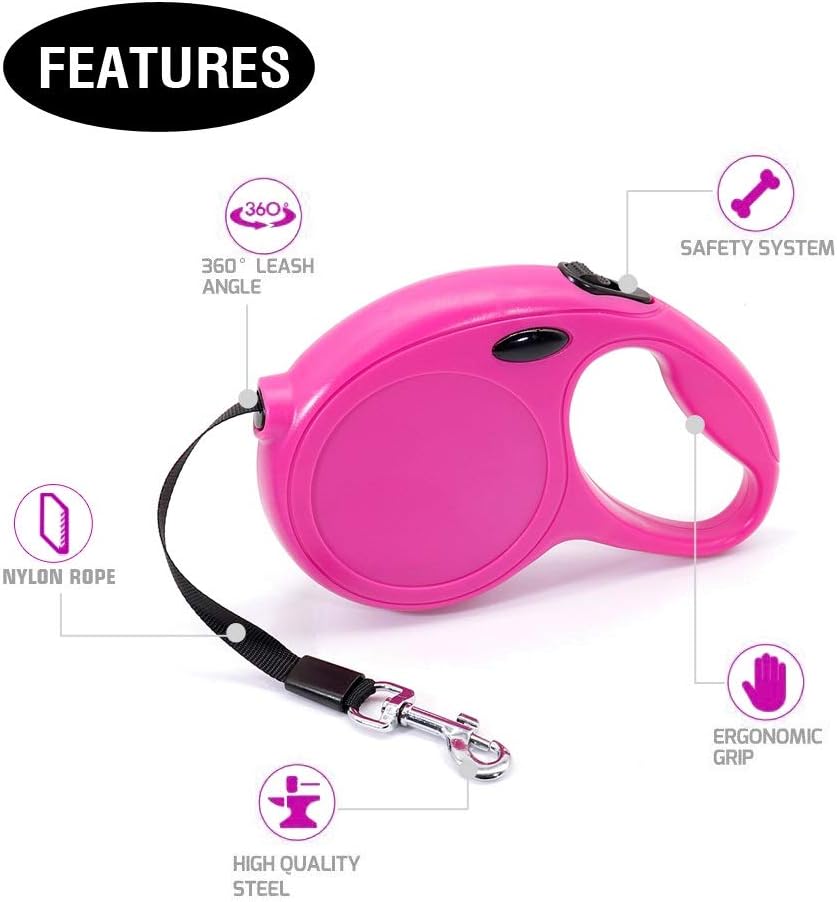 Basic Leashes Durable Nylon Dogs Leashes Retractable Dog Leash Austomatic Rope Extending Pet Leads for Small Medium Large Dogs 5M for Pet(Pink)