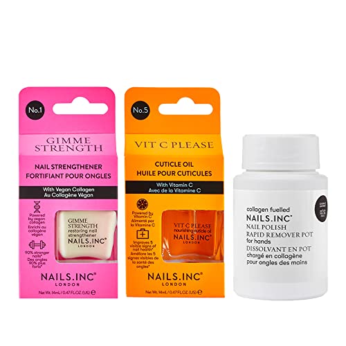 Nails.INC Best Nails Yet 3-Piece Nail Treatment Set, Nail Strengthener, Cuticle Oil & Collagen Nail Polish Remover Pot