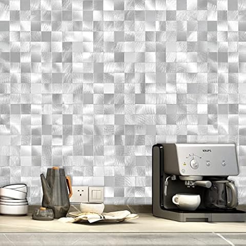 VAOVI 3D Self-Adhesive Wall Tile Stickers for Kitchen Splashbacks,Splash Back Sticky Tiles Metallic Tiles Mosaic Tiles Bathroom Square(5sheets,Silver) Cover
