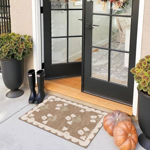 Othilic Front Door Mat Outside Entrance - 2x3 Floral Non-Slip Washable Doormat Indoor Outdoor Mat Tan Neutral Farmhouse Scalloped Entry Rug Small Throw Rugs for Entryway Kitchen Front Porch Decor - 4