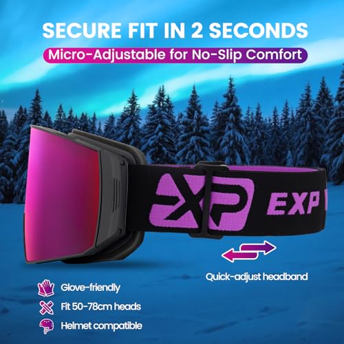 EXP VISION Ski Goggles Dual Lock Magnetic Snow Goggles Interchangeable Lens with Anti-Fog Panoramic Snowboard Goggles for Men & Women (Black-Burgundy) - Thumbnail 5