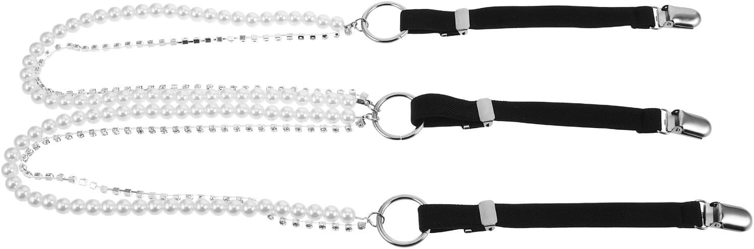 Women’s Black Elastic Back Suspenders with Pearl and Rhinestone Chain, Triple-clasp Design for Secure Hold and Comfortable Fit, Adjustable Y-shape Suspenders for Daily Wear