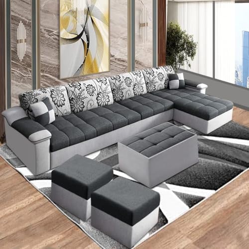 FURNY Carlito Fabric 8 Seater RHS L Shape Sofa Set with 1 Centre Table & 2 Puffy (Light Grey & Dark Grey Color)