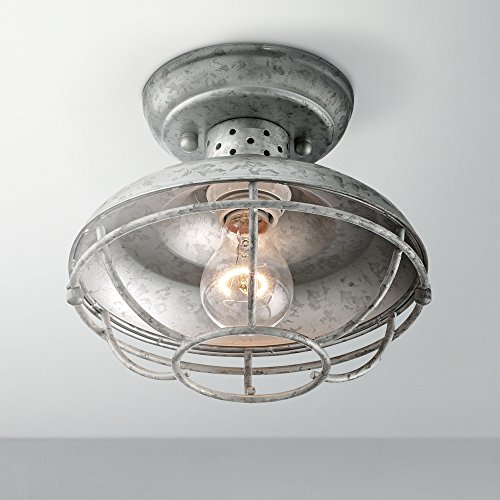 Franklin Iron Works Franklin Park Rustic Farmhouse Semi Flush-Mount Outdoor Ceiling Light Fixture Galvanized Cage 8 1/2" White Glass Damp Rated For Exterior Barn Deck House Porch Yard Patio Outside #TOP2