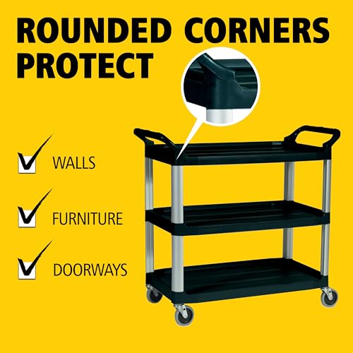 Image of Rubbermaid Commercial Products Heavy Duty 3-Shelf Rolling Service /Utility /Push Cart, 300 lbs. Capacity, Black, for Restaurant /Cleaning /Office use (FG409100BLA)