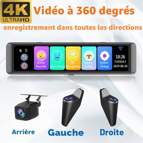 Caméra de voiture 4K panoramique à 360 degrés avant gauche et droite arrière 4K + 1080P + 1080P + 1080P + 1080P avec application WiFi, ADAS BSD 12" spécialement conçue pour rétroviseur – vue 2