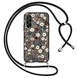 Votvloay Handyband Handyhülle für Samsung Galaxy A26 5G 6,64" Hülle mit Band, Aesthetic Blumen Muster Case mit Kordel zum Umhängen, Silikon Weich TPU Stoßfest Schutzhülle Cover für Samsung A26,Schwarz