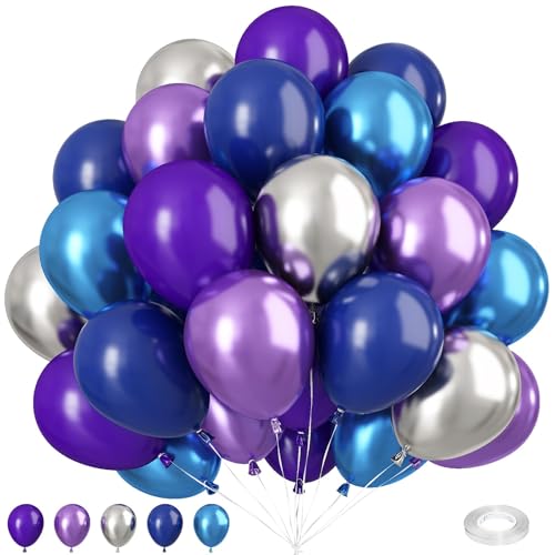 Image of Purple and Blue Balloon Set, 50 PCS 10 Inch Space Theme Party Supplies, Navy Blue Purple Silver Helium for Birthday Baby Shower