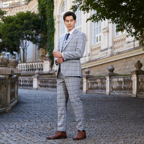 Men's 3 Pieces Slim Fit Plaid Suits Wedding Party Checked Tuxedo Blazer Jacket Vest Pants Suit Set3
