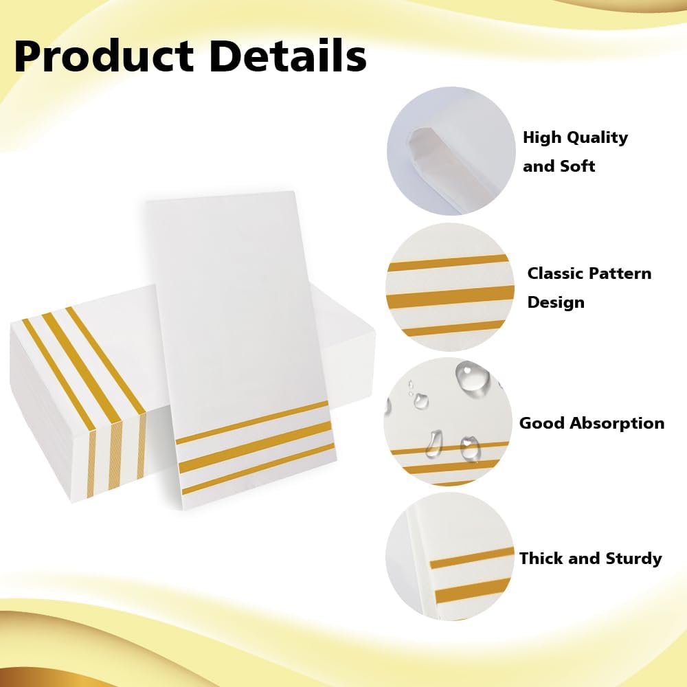 Napkins Disposable Paper Napkins 50 Pack Paper Hand Towels Absorbent Dinner Napkins White and Gold Napkin Guest Towels Tissue Party Napkin for Bathroom Dinner Wedding Kitchen Party Event Decorative
