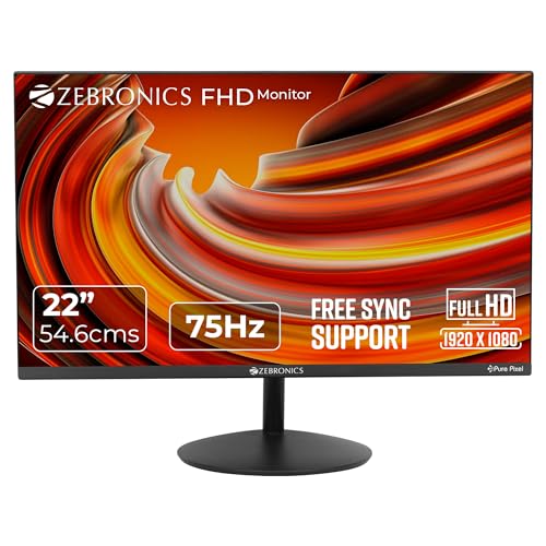 Image of ZEBRONICS 22 inch 75Hz Monitor with FHD 1080p, Free sync Support, HDMI, VGA, 250 Nits max, 16.7M Colors, Built-in Speakers and Slim Bezel Less Design ZEB-S22A