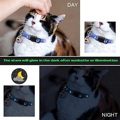 Image of 2PCS Breakaway Cat Collars with Bell Moons Stars Cute Kitty Adjustable Safe Kitten Collars with Pendant Glow in The Dark(Black&Blue)