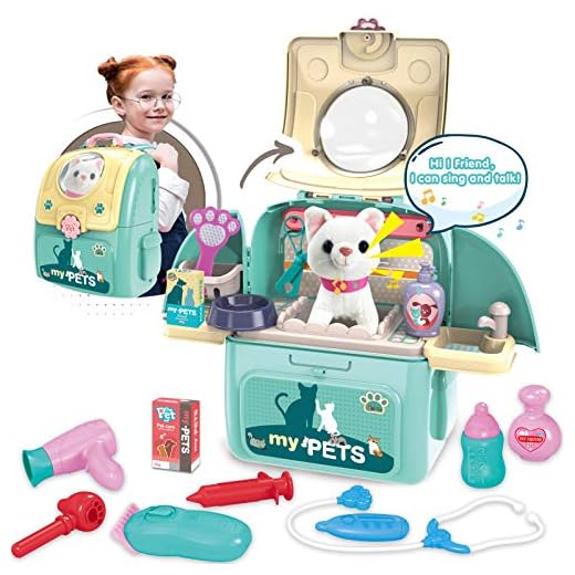 Pet Cat Carrier Backpack Toy, MAGIC4U 23PCS Pet Care Playset,Vet Clinic and Doctor Kit for Kids, Pet Veterinarian Medical Role Play Set for Boys and Girls Ages 3-6