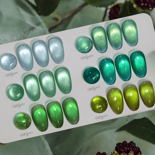 Born Pretty Green Cat Magnetic Eye Gel Nail Polish Jelly Olive Emerald Green Crystal Glass Magnetic Shimmer Glitter Nail Polish Salon Gel Manicure DIY at Home 7ML 6PCS