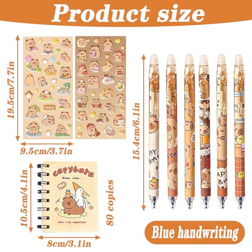 Yuwnd 6 Stück Capybara Stifte mit 1 Stück Capybara Notizbuch und 1 Stück Aufkleber, Capybara Sachen, Capybara Radierbare Stifte, Capybara Set Praktisches Geschenk für Schule und Büro