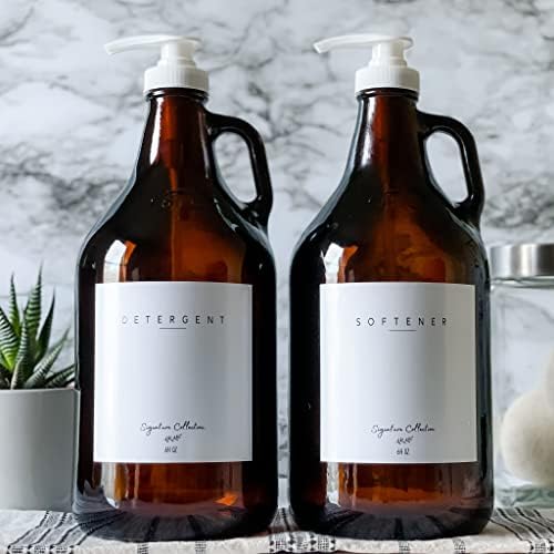 Laundry Detergent Dispenser for Laundry Room - Two Half Gallon Amber Glass Jugs, Fabric Softener Dispenser, Liquid Laundry Soap Dispenser and Bleach - 64 oz. White Commercial Liquid Pump Dispenser