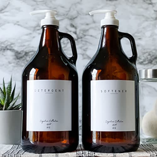 Laundry Detergent Dispenser For Laundry Room - Two Half Gallon Amber Glass Jugs, Fabric Softener Dispenser, Liquid Laundry Soap Dispenser And Bleach - 64 Oz. White Commercial Liquid Pump Dispenser #TOP2