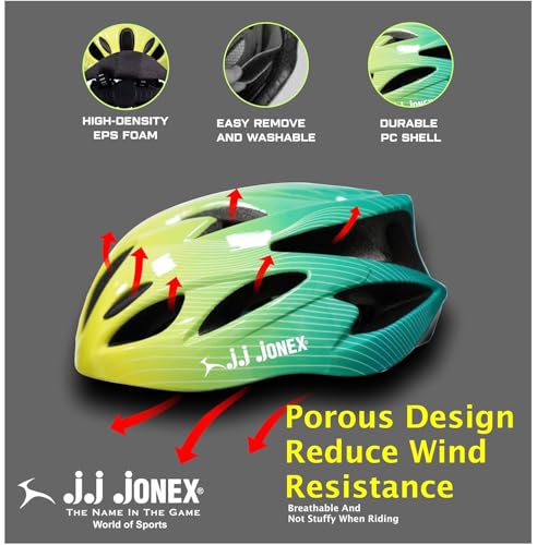 Image of JJ Jonex Adjustable Cycling & Skating Helmet with Detachable Visor | Light Weight | Adjustable Strap with Comfortable Chin Padding | Ideal for Men, Women & Kids (Green, Large)