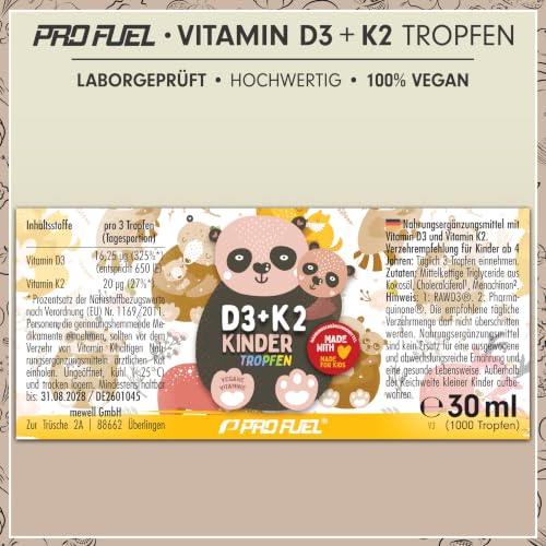 Vitamin D3 + K2 KINDER Tropfen 1000x - mit 650 IE Vitamin D3 vegan + 20 µg Vitamin K2 MK7 (Pharmaquinone®) - ohne Zusatzstoffe… – Ansicht 6