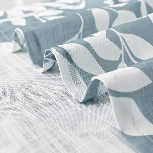 Image of Blue White Sliding Glass Door Curtain Leaf Print Semi Sheer Curtain panels 100 inch Extra Wide 84 inch Linen Textured Privacy Window Draperies for Living Room Privacy Botanical Glass Door Curtain 100 inchw 1 pc