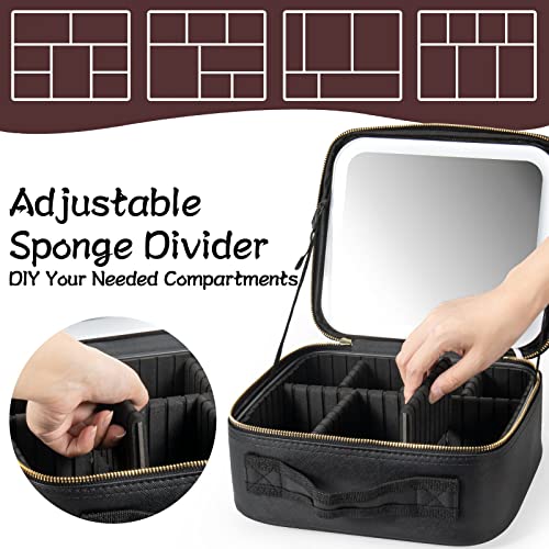 Image of Travel Train Case With Mirror LED Light 3 Adjustable Brightness Cosmetic Bag Portable Storage Partition Waterproof Makeup Brushes Jewelry Gift for Women, Black, Easy to Carry