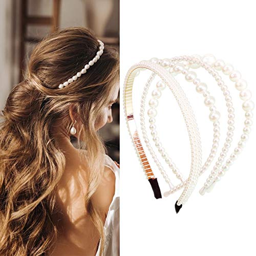 NAISIER 4 Pieces Pearls Headbands White Faux Pearl Rhinestones Headbands Bridal Hair Hoop Wedding Hair Fashion Hair Accessories for Women and Girls.