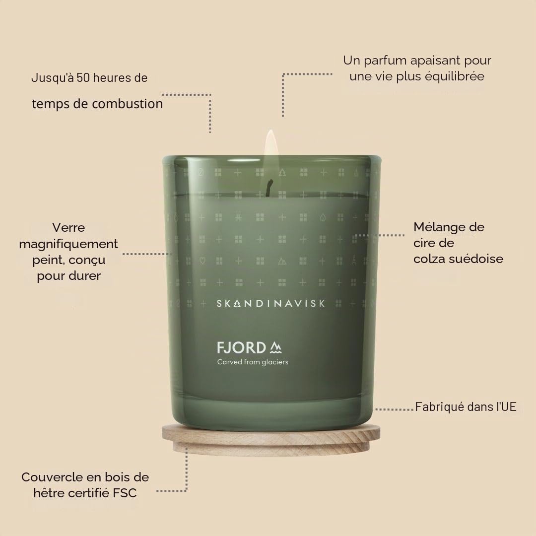 Skandinavisk FJORD Bougie Parfumée. Notes parfumées: Fleur de Pommier et de Poirier, Fruits du Verger, Fruits Rouges. 200 g.
