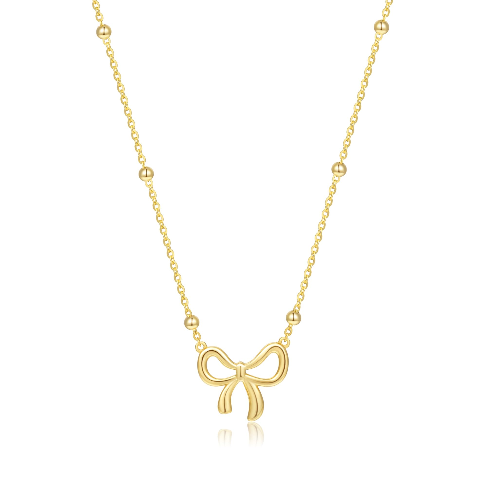 BYIA 925 Sterling Silver Necklace Elegant Bow Pendant Necklaces for Women 14K Gold Plated Choker Bead Chain Jewelry Gift Non Tarnish