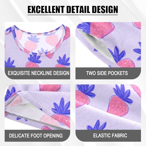 Strawberry Purple Cute Cartoon Pattern Summer Cute Pajama Sets, Short Sets for Daily Wears and Sleep Wears4