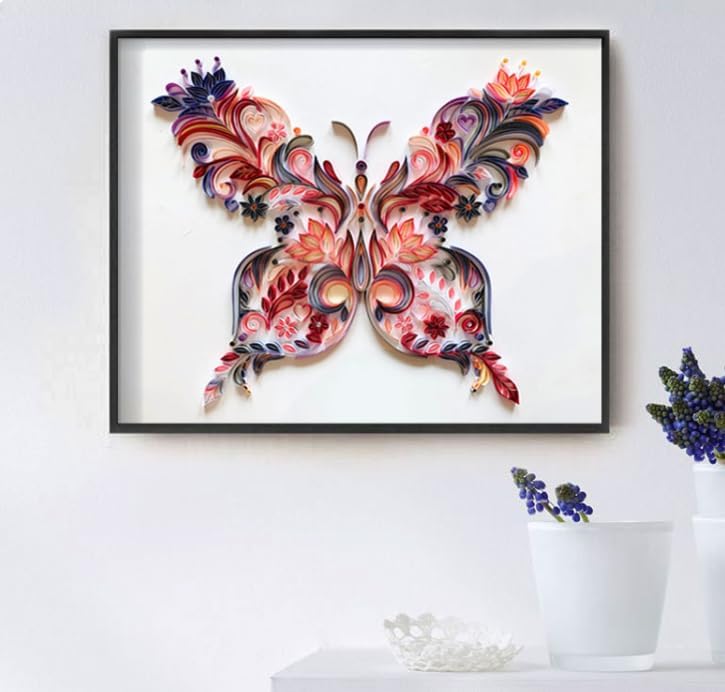Handmade Paper Quilling Art Kit, 20 Inch Butterfly Wall Decor Set, Pink and Purple Floral Design, DIY Craft Material Pack with Decorative Strips