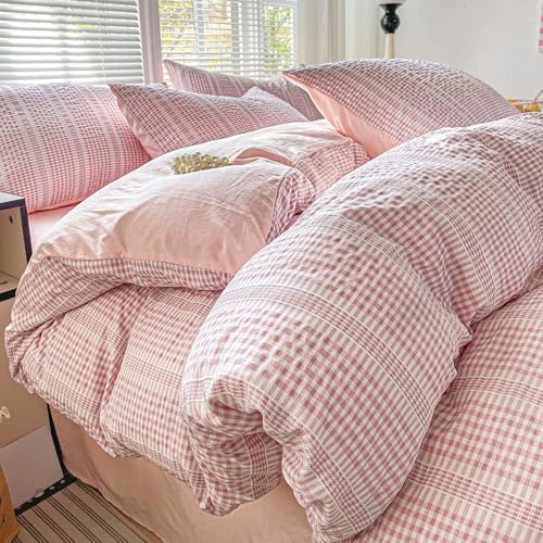 Guchuang Bedding Seersucker Duvet Cover Set Double Size, Pink Seersucker Design 3-Piece Bedding Set - Soft Microfiber, Wrinkle-Resistant & Decorative Duvet Cover with Hidden Zipper (Double, 200x200cm)