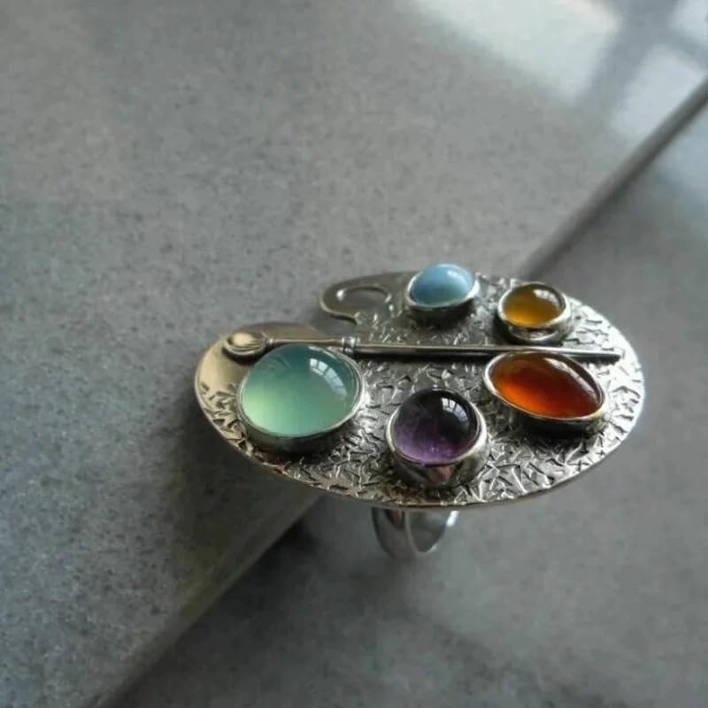 Image of El Regalo Artistic Painter's Palette Finger Ring - Silver Plated Adjustable Ring with Multicolor Stone Cabochons - Unique Bohemian Jewelry for Women & Girls