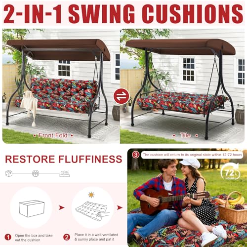 Image of Porch Swing Cushions Outdoor 48 inch x 40 Waterproof Swing Cushions 3 Seater Replacement with Backrest & 8 Ties 5 inch Thick Bench Swing Cushions for Outdoor Furniture Patio(Leaf Print)