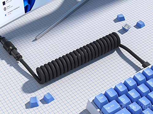 Image of Ranked Coiled Keyboard Cable | Handcrafted Double-Sleeved Braided Cable | USB Type C to A | 5-Pin Aviator Connector for Custom Mechanical Gaming Keyboard | Support Fast Charge 20W (Black)