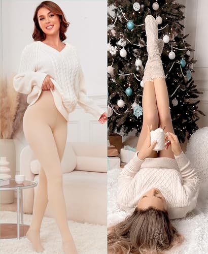 Image of QooNoo Fleece Lined Tights Women 200g Pantyhose Opaque Black Sheer Thermal Winter Warm Leggings Under Dress(Footed Nude,X-Small)