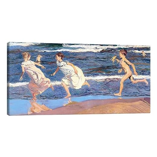 Posterlounge Corriendo por la playa Lienzo de Joaquín Sorolla y Bastida Cuadros decoración para cualquier habitación 40 x 20 cm Azul Impresionismo Decoración pared