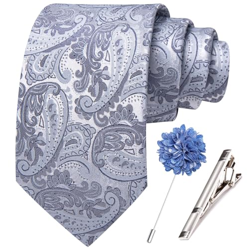 Image of Hi-Tie 63 inches Striped Paisley Extra Long Ties for Men Silk Necktie with Lapel Pin Tie Clip Big and Tall Men Formal Wedding