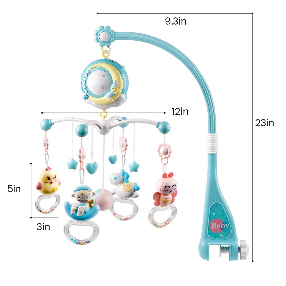 Mini Tudou Baby Musical Crib Mobile with Projection Function and Night Light,Hanging Rotating Teether Rattle and 150 Melodies Music Box with Remote Control,Toy for Newborn 0-24 Months