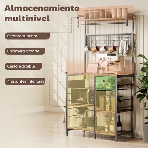 Miniatura 7 de Homcom Estantería De Cocina Con Tres Enchufes Y Luces Led, Estantería De Panadería Industrial Con Estantes Para Microondas, Cesta De Malla Metálica, Ganchos, Barra 80x42x162 Cm, Marrón Rústico Y Negro