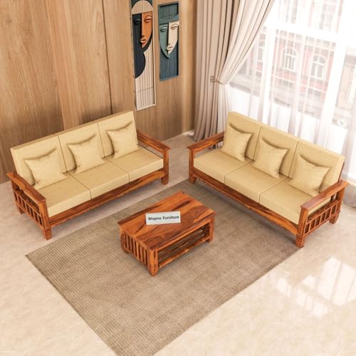 Image of Sheesham Wooden 6 Seater Sofa Set for Living Room | Rosewood Cushion Sofa with Side Newspaper Holder for Home & Office | Solid Wood Sofa Set for Lounge (Honey, 3+3 Seater)