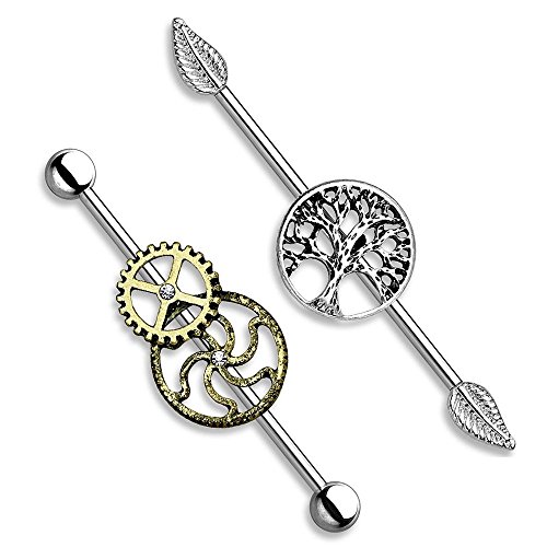 BodyJewelryOnline Pair of Industrial Piercing Barbells - Tree of Life and Steampunk Style Bars